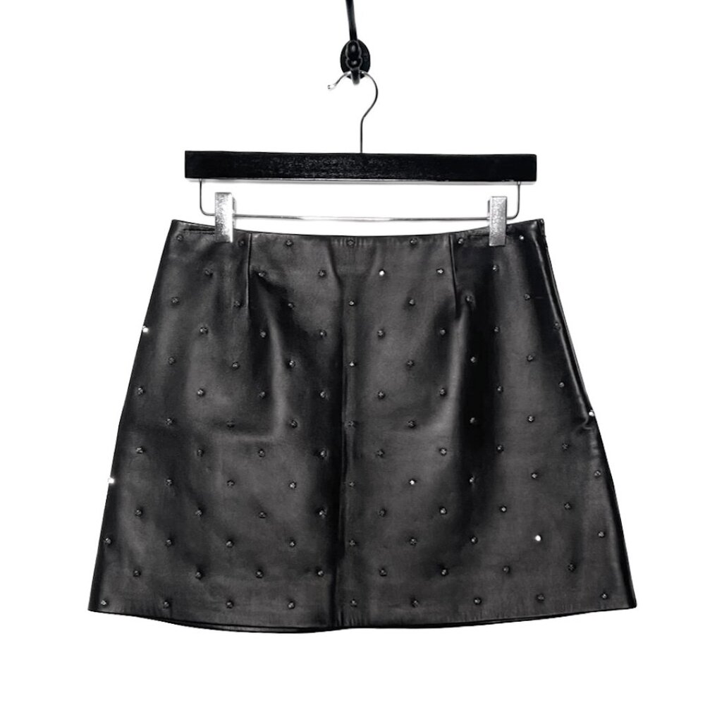 Miu Miu 2018 Black Leather Crystal Embellished Mini Skirt